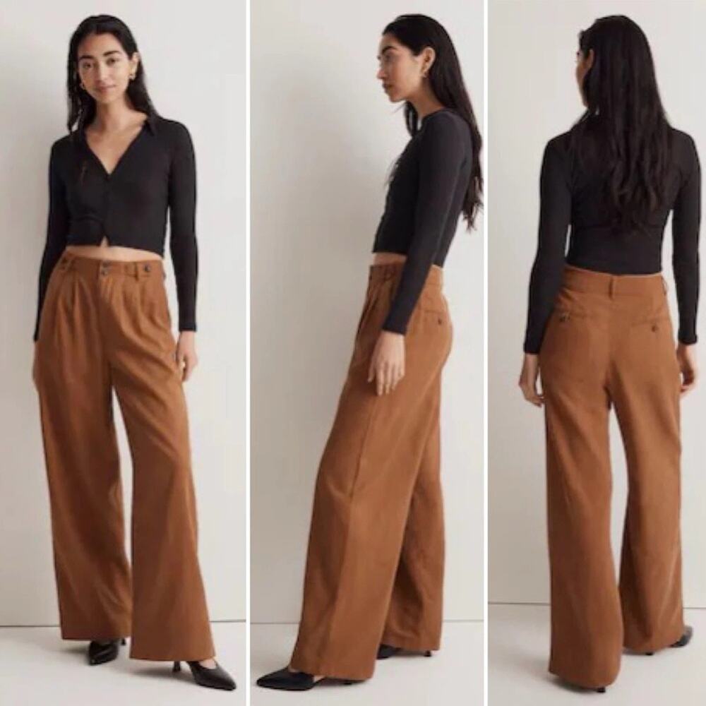 Madewell The Harlow Wide-Leg Pant 8 P Spiced Pleated Front Linen Blend Acorn Tan - Picture 2 of 15